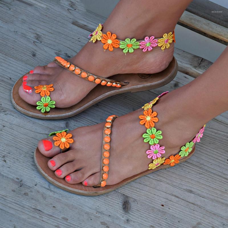 

Summer Women Shoes Flat Heels Gladiator Sandals Bohemia Style Flowers Beach Flip Flops Sandals Women Plus Size 35-43 XKD40921, Orange