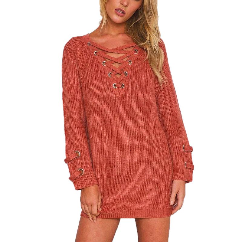

2020 Winter Autumn knitted lace up sweaters women warm pullovers long sleeve V-neck solid long knitwear pull femme oversized, White