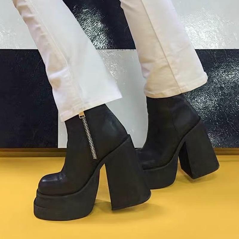 

Punk style genuine leather ankle boots for woman side zipper chunky high heels platform pumps autumn winter party shoes woman, Black zipper