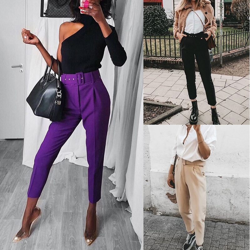 

2021 Fine Spring Fashion Color Hare New Ladies Loose with Hot Bandages Splice Women's Pants 73R3, Black