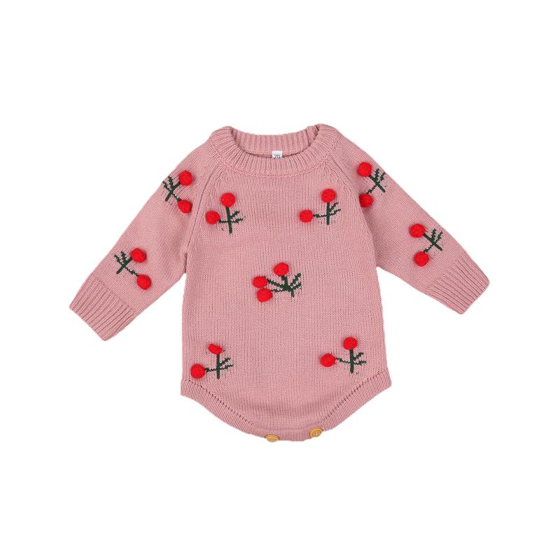 

Newborn Baby Girl Cherry Sweater Romper Round Neck Long Sleeve Knitted Long Romper Bodysuit Outfits For Autumn Winter, Pink