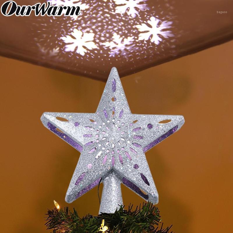 

OurWarm 3D Glitter Star Christmas Tree Topper with Built-in Rotating LED Snowflake Projector Christmas Tree Ornament Home Decor1