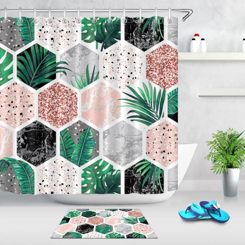 

Marble Tropical Leaves And Pink Glitter Extra Long Shower Curtains Bathroom Curtain Waterproof Polyester Fabric For Bathtub