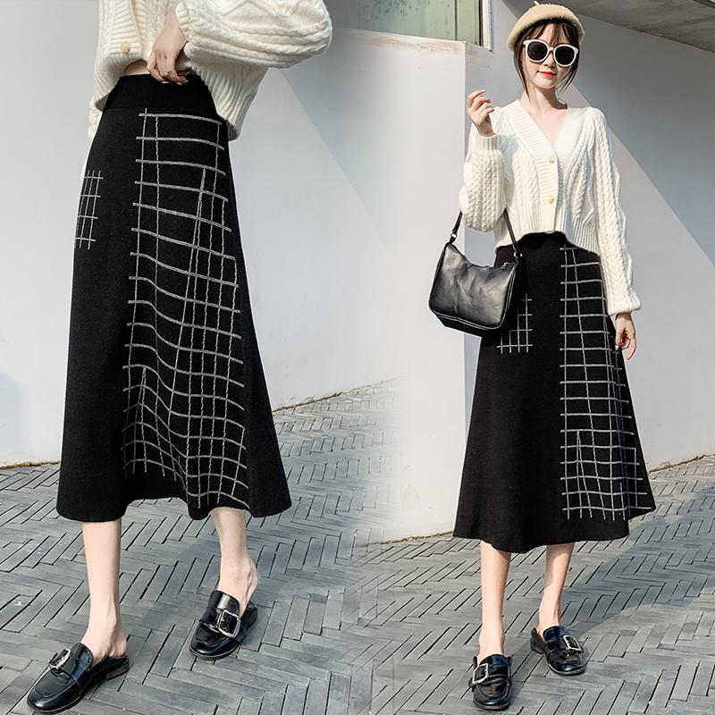 

2020 Autumn Winter Knit Women Skirt High Waist Ladies Sweater A-Line Skirt Patchwork Black Color Free Size Brand Clothes