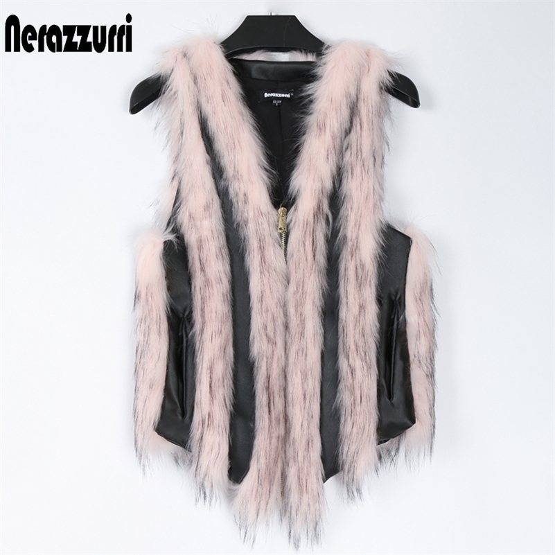 

Nerazzurri black leather and pink fox fur striped vest for women autumn fluffy faux fur vest v neck zipper plus size fashion 7xl 201029, Multicolor
