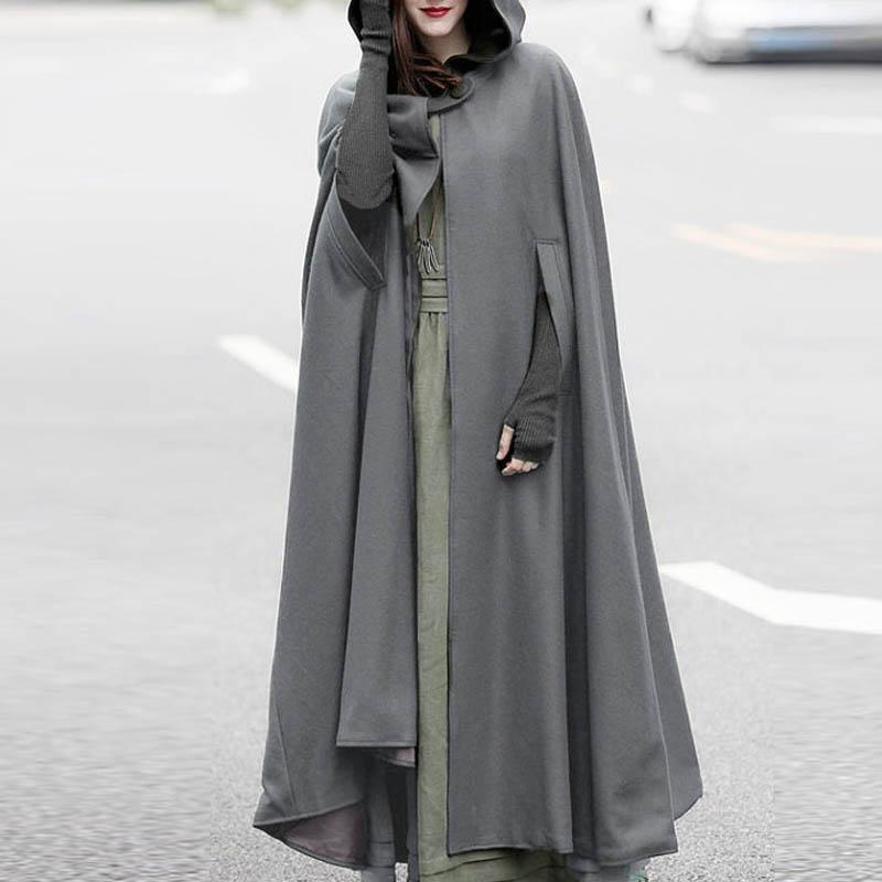 

ZANZEA Women Winter Hooded Open Front Cloak Loose Solid Long Coat Hoodies Cosplay Outwear Christmas Casual Cape Poncho Plus Size, Black