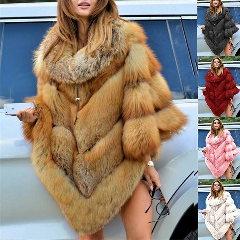 

Faux Fur Coat Women Fox Fur Winter Warm Oversized Long Sleeve Luxury Cape Poncho Overcoat Pullover Jacket Outwear Plus Size 201111, Red