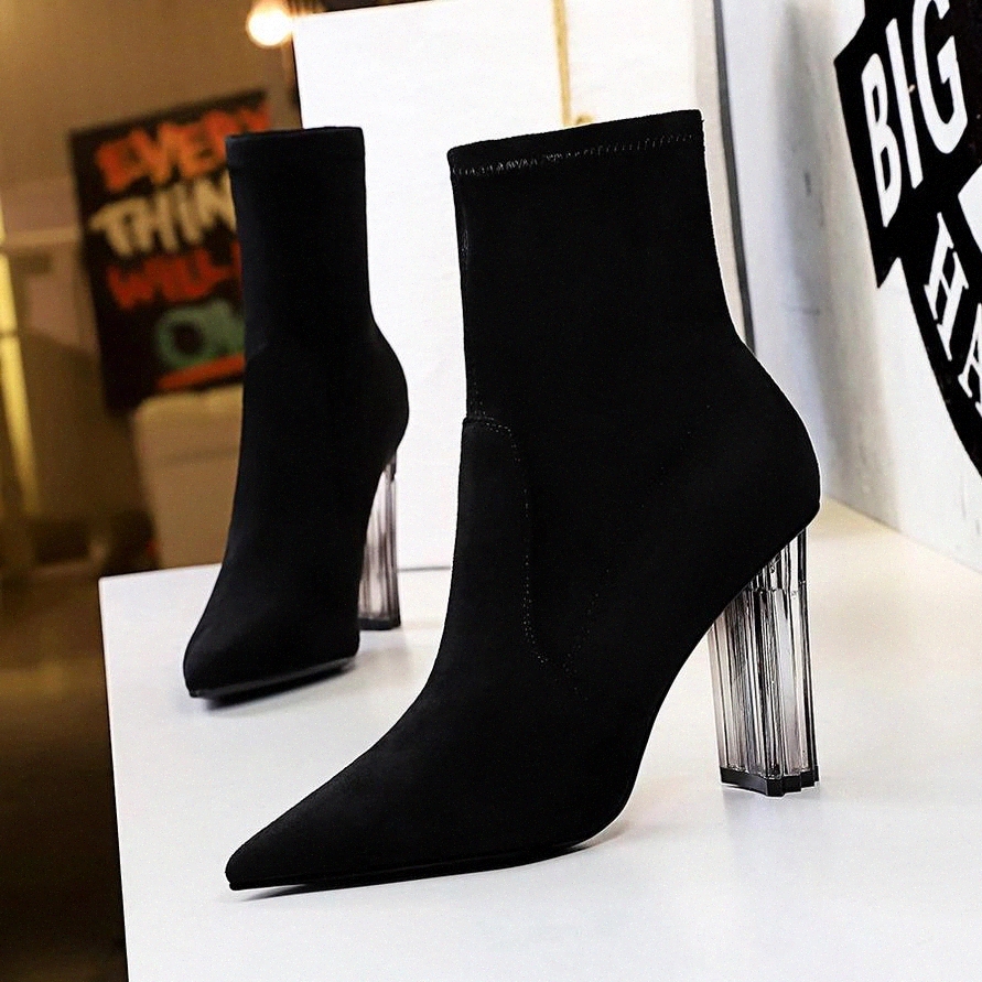 

BIGTREE New Ankle Boots Autumn Suede Pointed Toe Stretch Knitting Sock Boots Plus Size High Heels Female Slip On Lady Shoes #Ab3k, Black