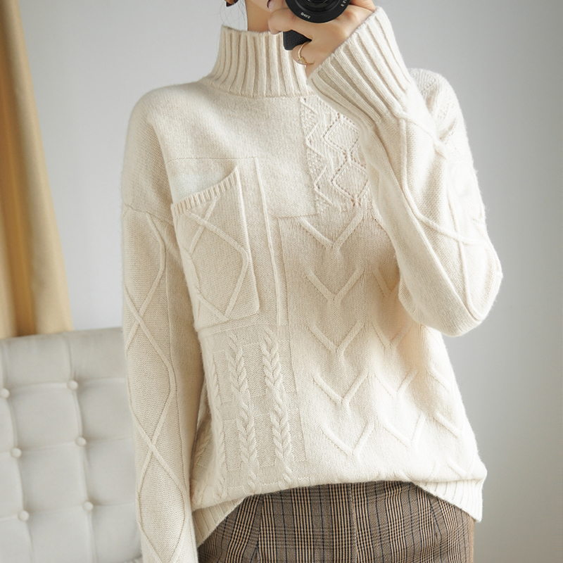 

2021 quality Female Pullovers High Collar 100% Knitting Sweaters Hot Winter Feminine Jumpers 3 Long Wool Tops R2WN, Camel