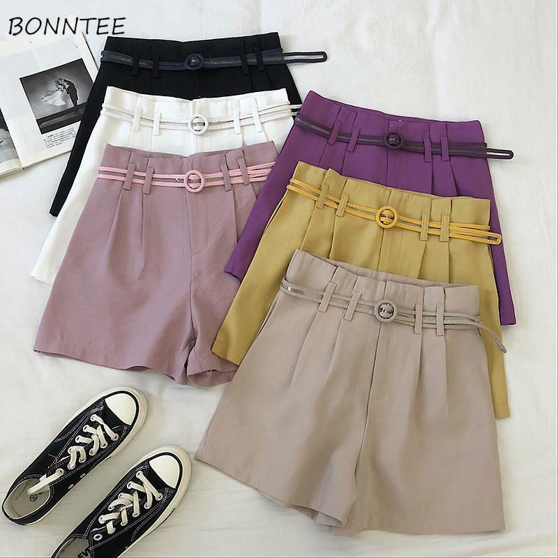

Shorts Women Summer Sashes A-line High-waist Elegant Casual Korean Style Solid Simple Womens Wide-leg Slim Zipper Stylish Chic, Black