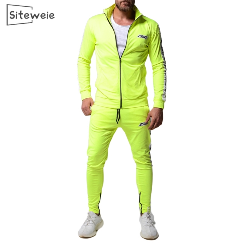 

SITEWEIE Mens Tracksuit Set Two Piece Sports Wear Fashion Solid Color Letter Print Jogging Suit Autumn New Gym Men Outfits L431 201109, Orange