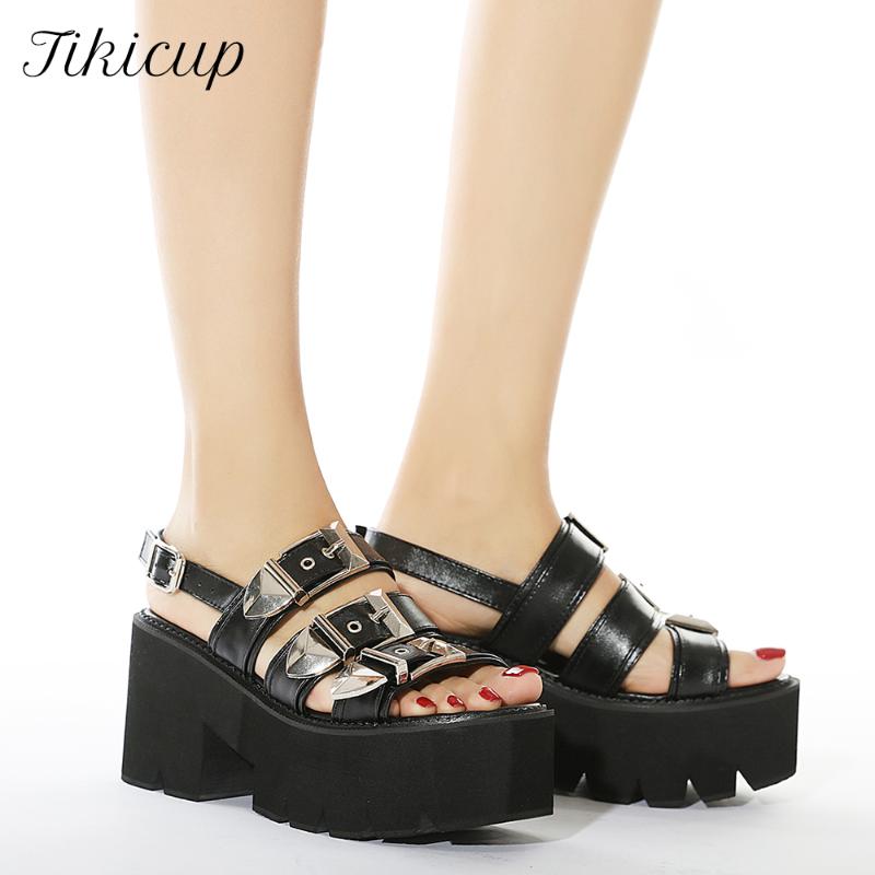 

Tikicup Wild Buckles Women Ankle Chunky Platform Sandals All Black Summer Sexy Ladies Open Toe Sandials Shoes Comfortable