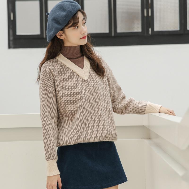 

Sweater women pullover sweater striped high neck fake two-piece fashion stitching autumn and winter long sleeve, Coffee color