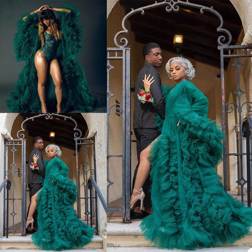 

2021 Sexy Night Robe Bridal Long Sleeves Sleepwear Tiered Ruffles Green Party Nightgowns Robes Custom Made