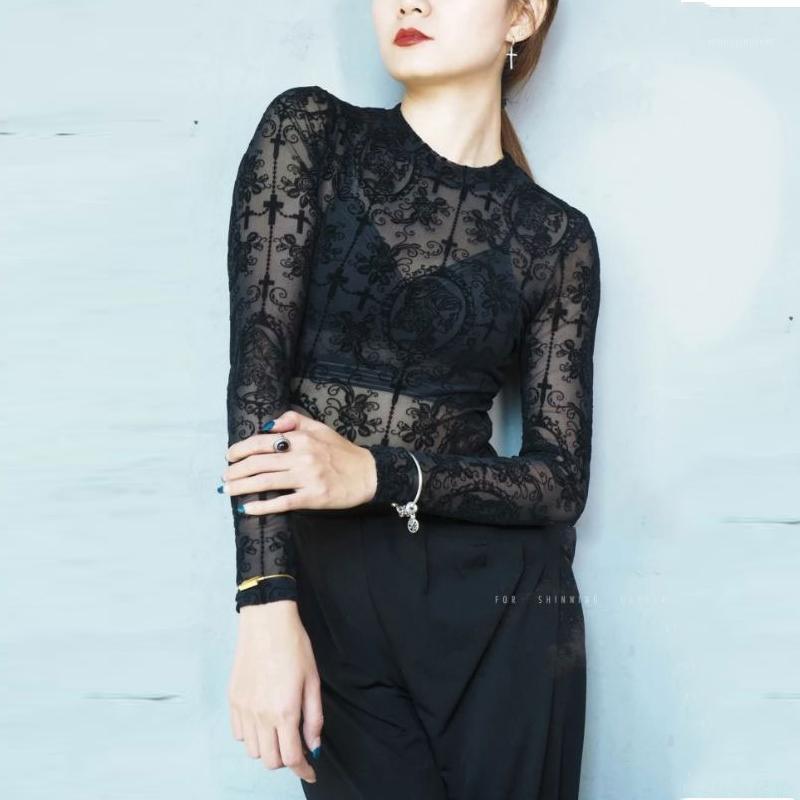 

New Sexy Women Ballroom Latin Dance Competition Tops Sexy Long Sleeve Lace Printing Perspective Shirt Stage Dancing Tops DWY38801, Black