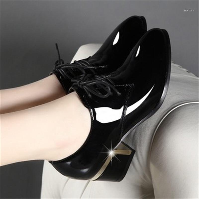 

New Spring Autumn Women's Lace-up Thick High Heel Shoes Women Fashion Patent Leather Pointed Toe Pumps Black Red Eu size 35-401