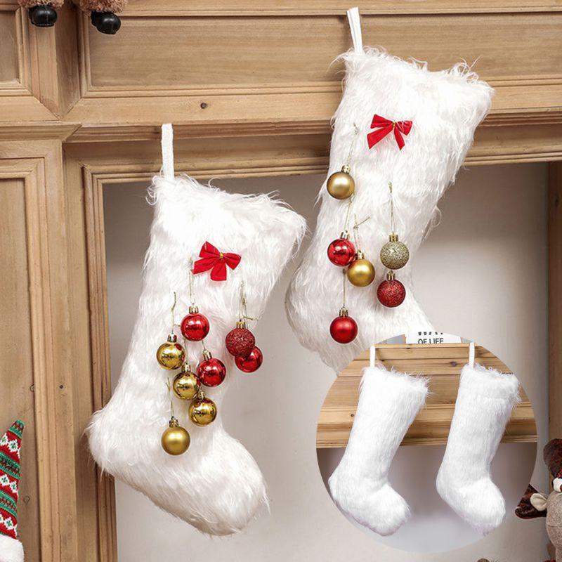 

2020 DIY Christmas White Plush Christmas Stockings Gift Hanging Tag Knit Border Xmas Character Decor Pendant