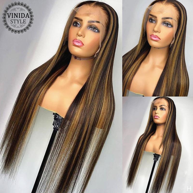 

VINIDA STYLE Highlight Straight T-part Lace Front Human Hair Wigs 150% Density Scalp Top Closure Wigs With Baby Hair Non-Remy, T part wig