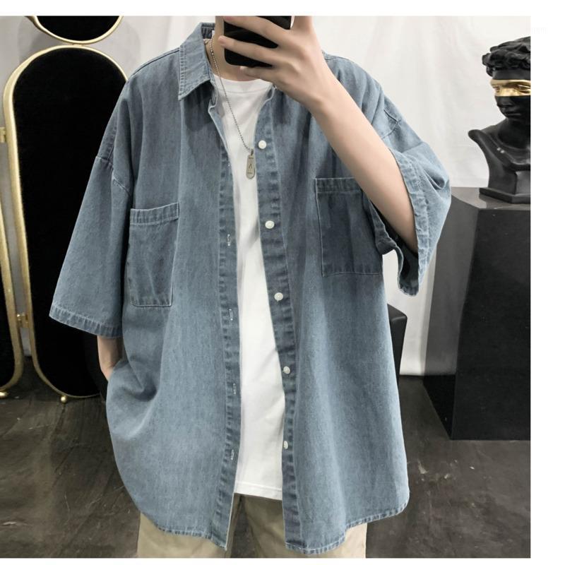 

Men's shirt 2020 summer new slim solid pocket single breasted denim shirt casual casual fashion personality youth men's wear1, Navy blue