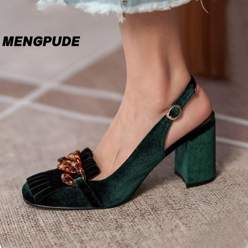 

MPD Summer Chunky High Heel Sandals Women Retro Velvet Shallow Mouth Slingback Crystal Chain Fringe Tassel Pumps Banquet Shoes, Green