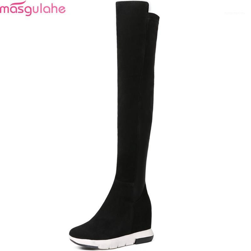 

Masgulahe black fashion women autumn winter boots round toe zipper cow suede ladies boots height increasing over the knee1