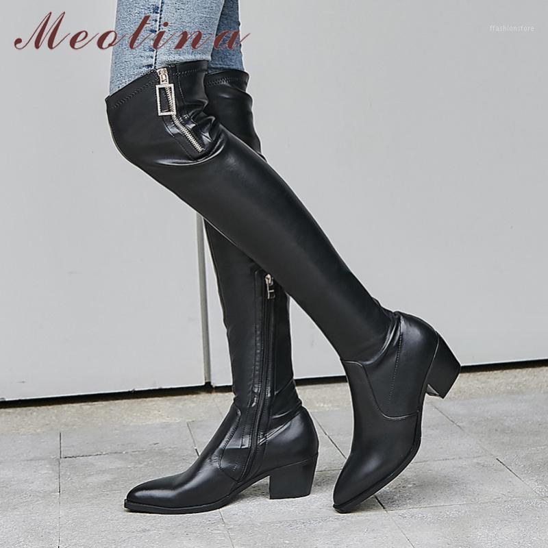 

Meotina Winter Over The Knee Boots Women Natural Genuine Leather Block Heel Thigh High Boots Zip Pointed Toe Shoes Lady Fall 421, Black synthetic lini