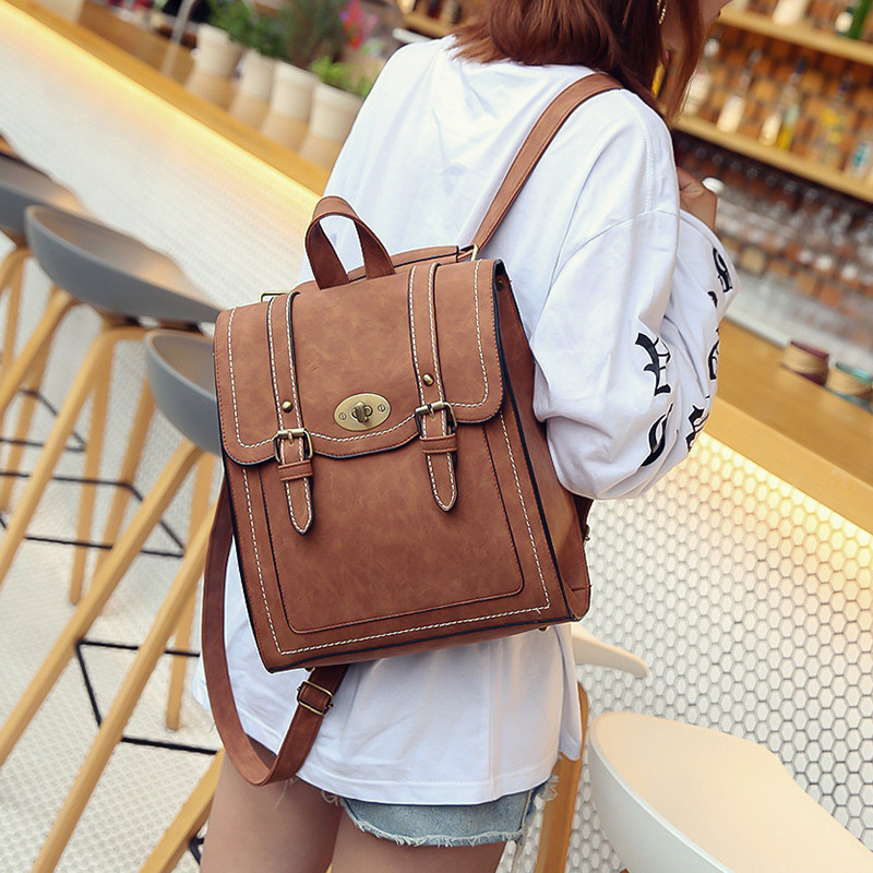 

Wholesale factory ladies leathers shoulder bag simple sewing retro backpacks street trend leather backpack clamshell vertical large capacity women handbag, Coffee