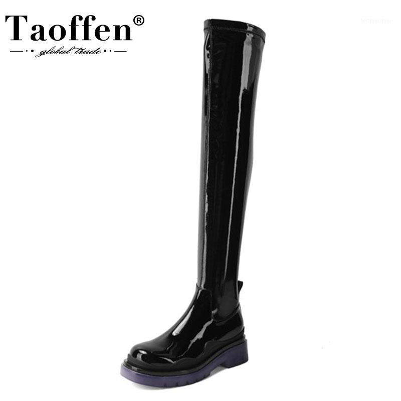 

TAOFFEN New Women Over Knee Boots Patent Real Leather Mixed Color Winter Long Boots Woman Fashion Women Shoes Size 34-411, Black 1