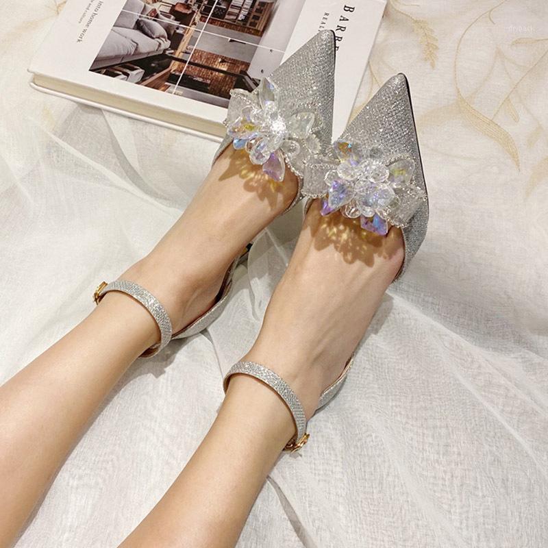 

New Crystal Bow Pointed Bride Wedding Shoes with Fine Heels Sandals Women1, Silver