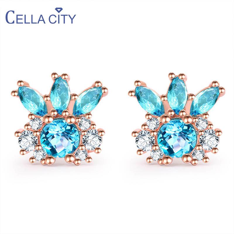 

Cellacity Aquamarine Earrings for Women Silver 925 Ear Studs Fine Jewelry with Gemstones Zircon Rose Gold Color Pineapple