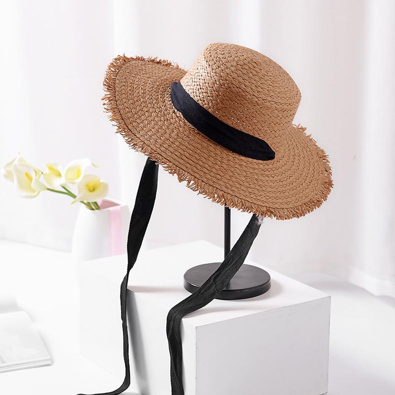 

Black Ribbon Lace Up Straw Hat Bow Wide Grass Female Summer Cap Visor Outdoor Holiday Beach Sun Protection Hat Chapeu Feminin, Khaki