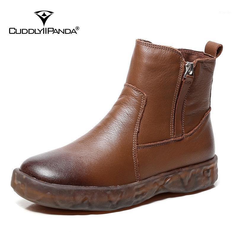 

CuddlyIIPanda Women Fashion Ankle Boots Spring Autumn Cow Leather Short Boots Winter TPR Warm Plush Retro Botas Mujer1, Black