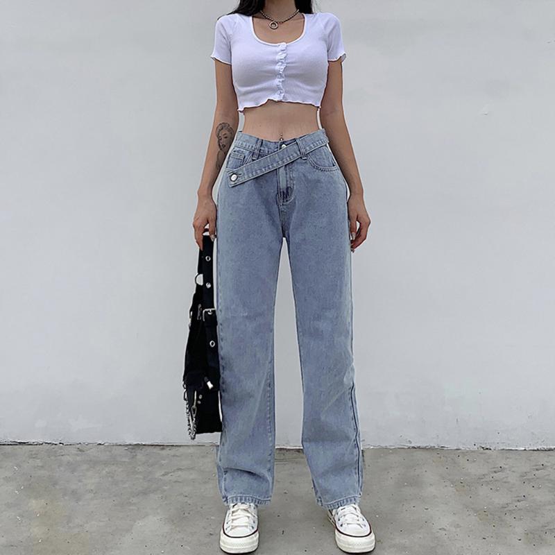

Vintage High Waist Straight Jeans Woman Full Length Loose Mom Jeans Street Style Boyfriend Casual Solid Denim Pants, Blue