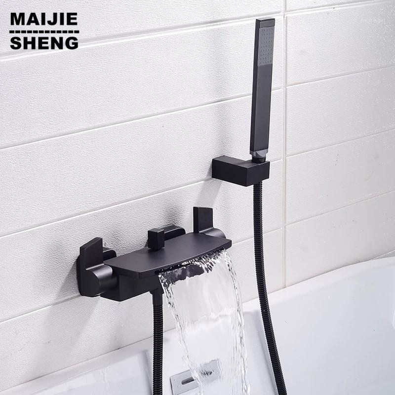 

Nordic all copper brass waterfall bathtub faucet hotel wall mounted black bathtub faucet cold and hot shower mixer shower set1
