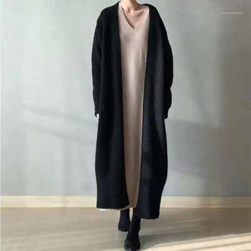 

Spring Daily Knitwear V-neck Casual Outerwear Loose Fit Dating Women Long Cardigan Autumn Winter Sweater Coat Shopping Street1, Black