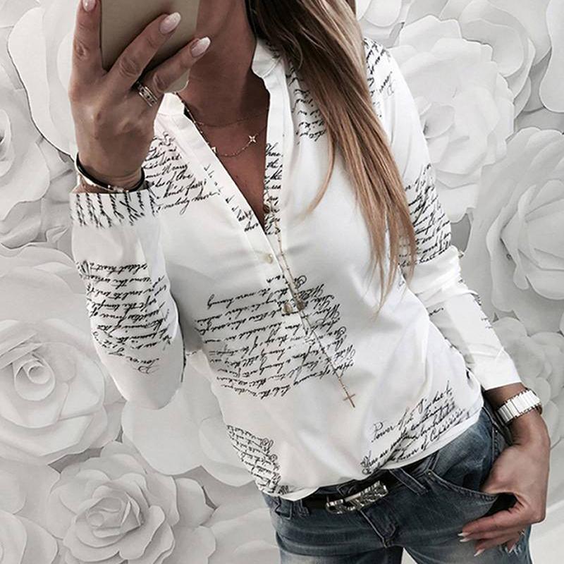 

Ladies Letter Print White Blouse Shirt 2021 Autumn Winter Long Sleeve V-neck Shirts Tops Elegant Casual Women Button Tops Blouse