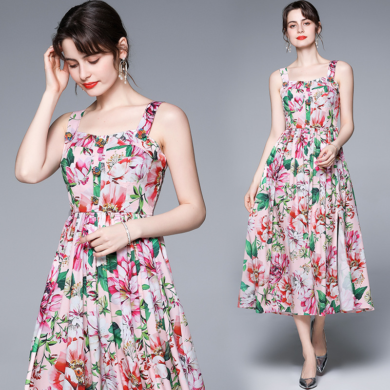 

Hign Quality Womens Dress Designer No Sleeve Dress Spring and Summer New Women' Suspender Fashion Printing Slim Mid Length Women' Dress, Multi