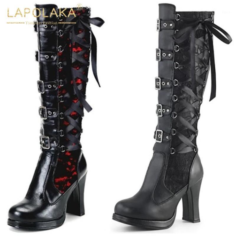 

Lapolaka 2020 Hot Sale High Heels Mid Calf Boots Woman Shoes Platform Lace Up Buckle Decoration Spring Autumn Boots Female1, Black