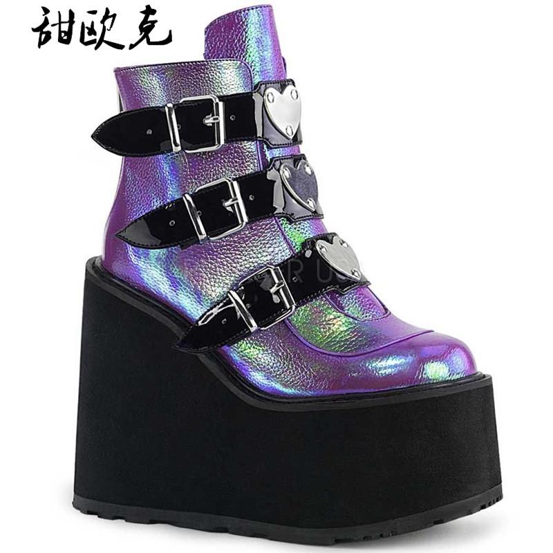 

2020 Metal Buckle Ankel Boots Women Black White Punk Female Platform Boots Women Wedges High Heels Wedges Botas Mujer