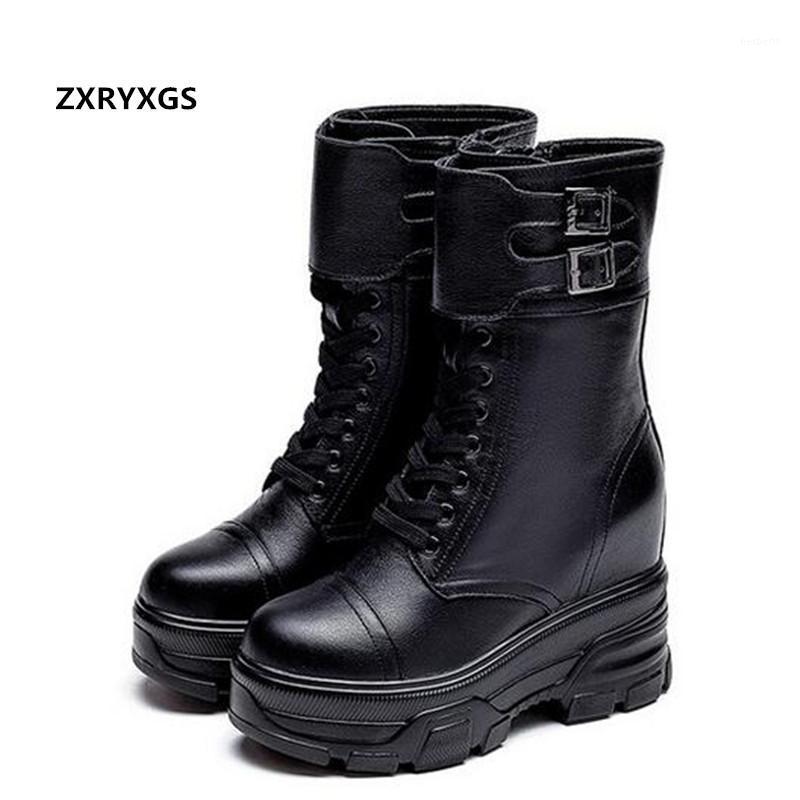 

New Fashion Top Cowhide Leather Shoes Autumn Boots Platform Internal Increase High Heeled Boots In-tube Boot Women1, Black