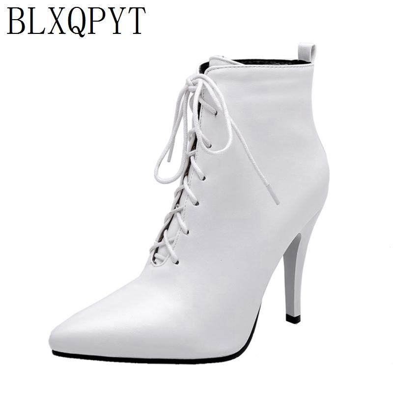 

BLXQPYT Big &small 30-48 Winter Ankle fur Boots Women warm Pointed toe Lace up High Heels10CM wedding platform Shoes woman 226, Black