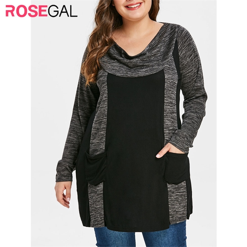 

ROSEGAL Plus Size Contrast T-Shirt Women Casual Cowl Neck Long Sleeve Double Pocket T Shirt Female Clothing Big Size Ladies Tops Y200412, Black