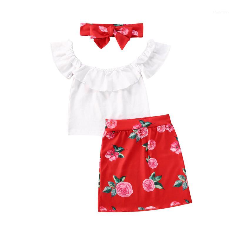 

2020 Brand Baby Girls Summer Two Piece Set Fashion Solid Color Off Shoulder Ruffles White Top T-shirt Flower Printed Short Skirt1, As pic