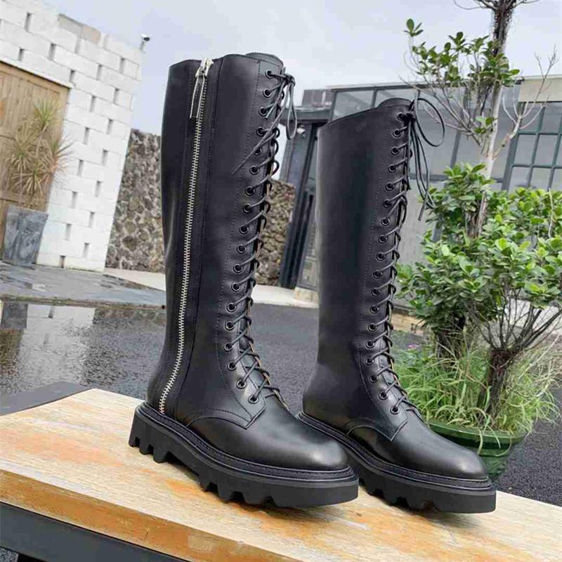 

2020 Women Boots Knee High Genuine Leather Motorcycle Boots Round Toe Lace Up Pure Color Winter Fashion Runway Look, As pic
