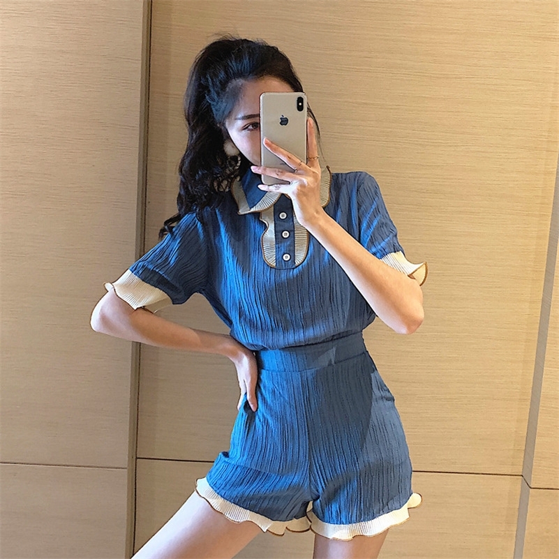 

Real Pat 2019 women's Summer French teen playful lace lost age short sleeve top + high waist shorts Set T200701, Haze blue