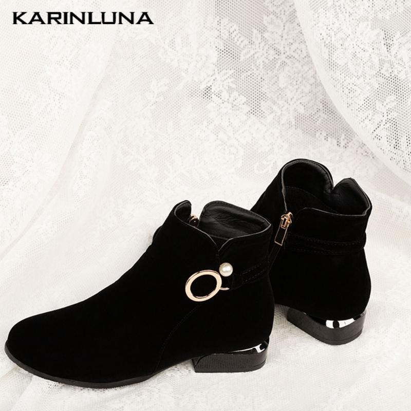 

Karin New Brand Fashion women shoes Buckle Straps Round Toe Square Thick Heels Zipper Autumn Short Plush Ankle Boots, Black