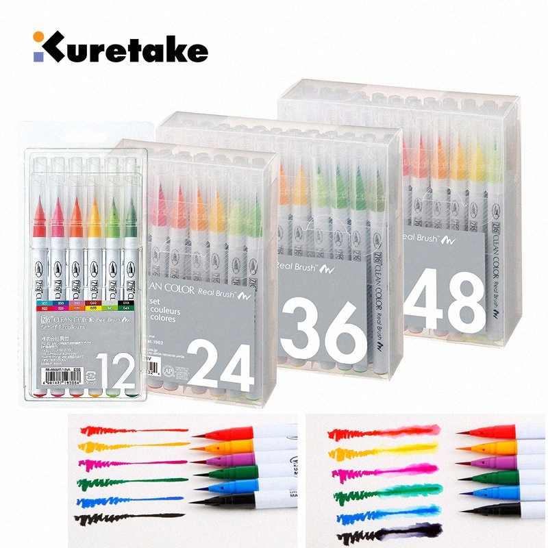 

Zig Kuretake RB 6000AT Clean Color Real Brush Pen Watercolor 4/6/12/24/36/48/60/90 Colours Cartoon Design Illustrating Lettering W10m#