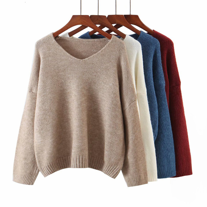

2021 New Arrival Autumn Winter Women Sweaters Solid Pullovers Warm Long Sleeve V-neck Vintage Tops Lady Sweater Vlt3