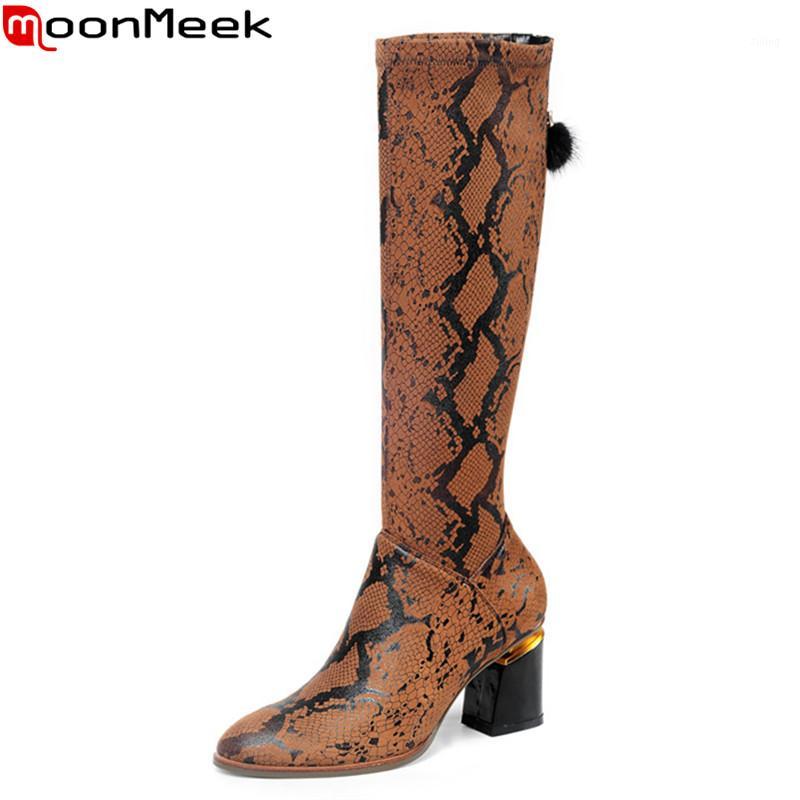

MoonMeek 2020 New high quality knee high boots round toe heels boots women winter fashion shoes big size 33-431, Black