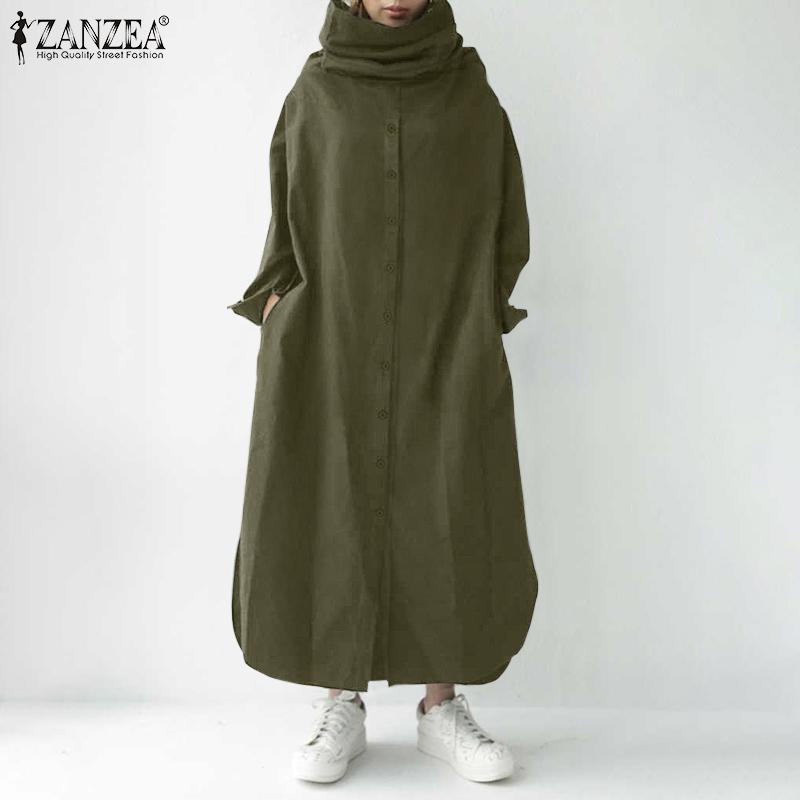 

Plus Size Fashion Turtleneck Hoodies Dress Women Autumn Sweatshirts ZANZEA Casual Long Sleeve Split Vestidos Female Button Robe, Black